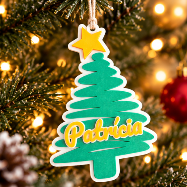 Pinheiro de Natal personalizado com o nome Patrícia a amarelo, pendurado numa árvore de Natal